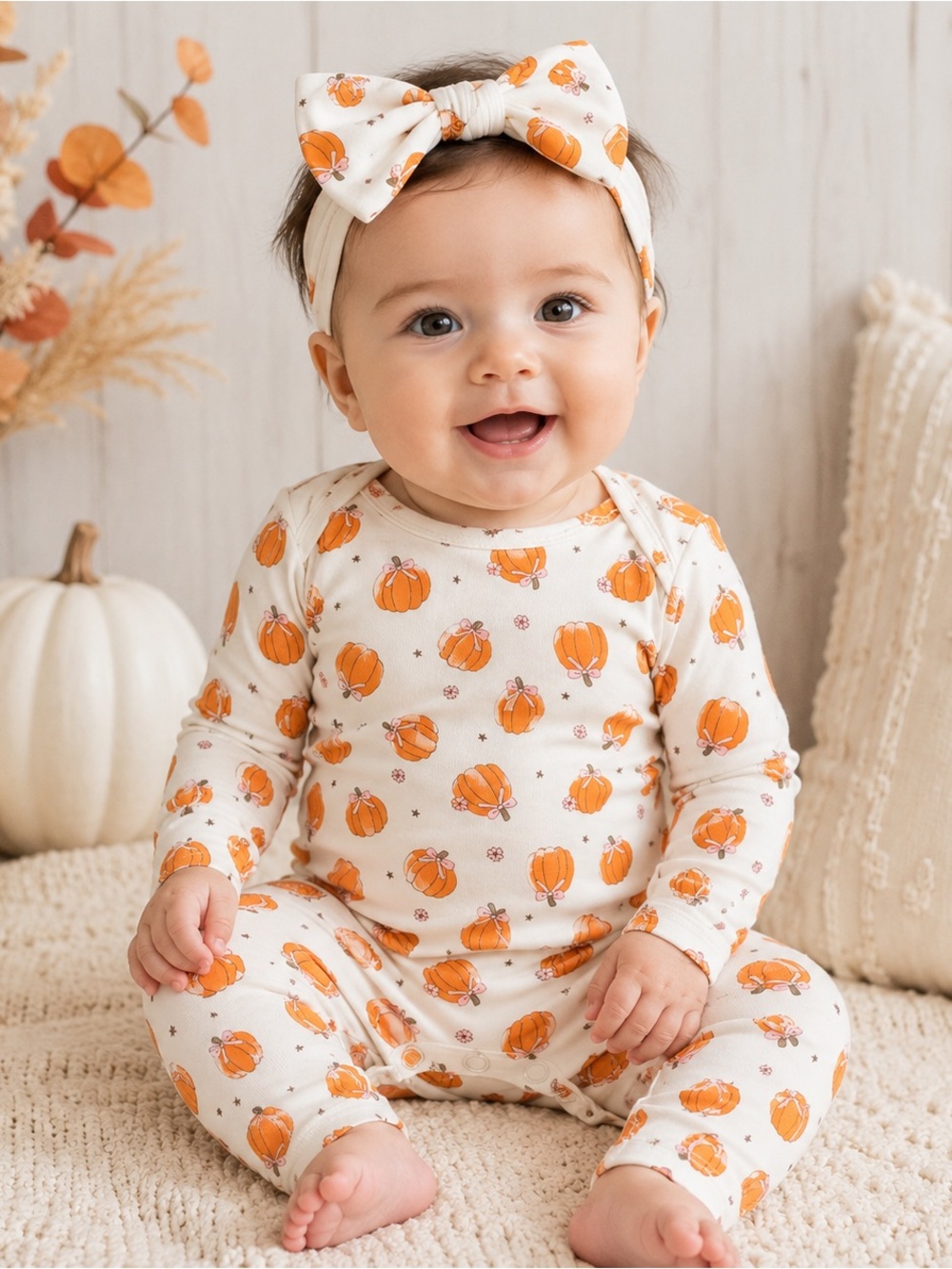 Chickpea Baby Girl Pumpkin Romper & Bow Headband Set 6-9M Fall Thanksgiving